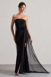 Black Strapless Wrap Cape Maxi Dress With Corsage